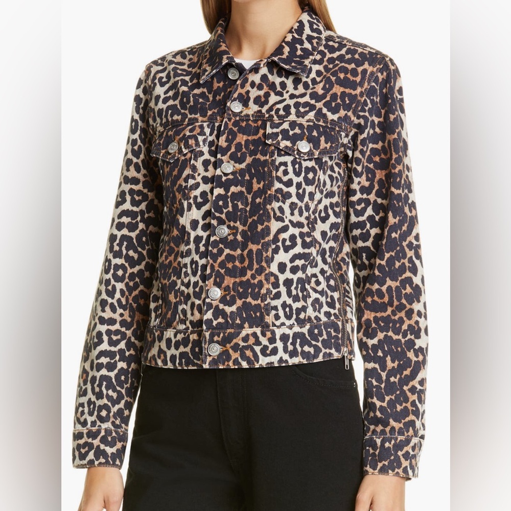 Ganni Leopard Print Side Zip Denim Jacket Women's Size XXS New
